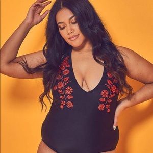 Wolf & Whistle embroidered plunge swimsuit curve